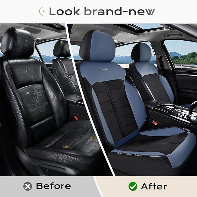 Coverado 3D Air Mesh Front Car Seat Cover, Sports Carbon Fiber Design, Breathable Seat Protectors Airbag Compatible Comfort Universal for Most Cars, Van,Trucks, SUV, Black&Blue