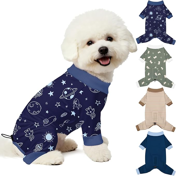 Bienbee Dog Pajamas, 4 Pack Dog Recovery Suit Shedding Suit Cute Soft Puppy Clothes Dogs Pjs Onesies Jammies Adjustable Breathable & Stretchy Clothes for Small Medium Large Dogs Girl Boy Puppy-M