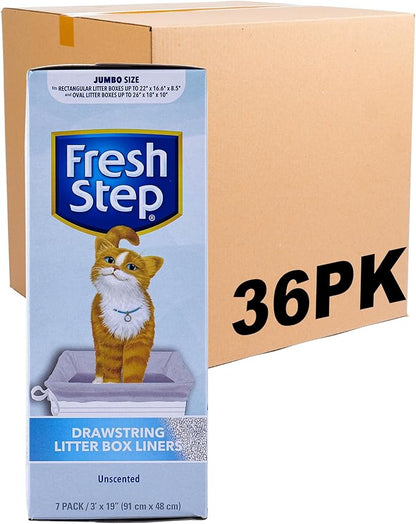 Fresh Step Jumbo Drawstring Cat Litter Box Liners, Unscented Heavy Duty Kitty Litter Bags for X-Large Oval or Rectangle Pans, Helps Contain Mess, Easy Lift Out Cleanup, 36 x 19 in, 7 Count - 36 Pack