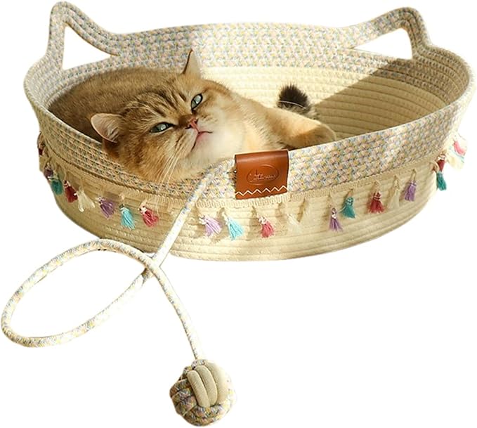 Large Cat Bed Basket Round Cotton Rope Woven,Cat Bed for Indoor with Toy Ball, Suitable for Small and Medium Pets, 18.9" L x 18.9" W x 6" Th (with Tassels)