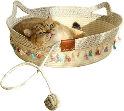Large Cat Bed Basket Round Cotton Rope Woven,Cat Bed for Indoor with Toy Ball, Suitable for Small and Medium Pets, 18.9" L x 18.9" W x 6" Th (with Tassels)