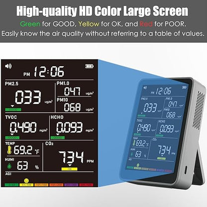 Professional Indoor Air Quality Monitor with AQI Alerts, Portable Real-Time Detector for Home, Car, Plants & Pets