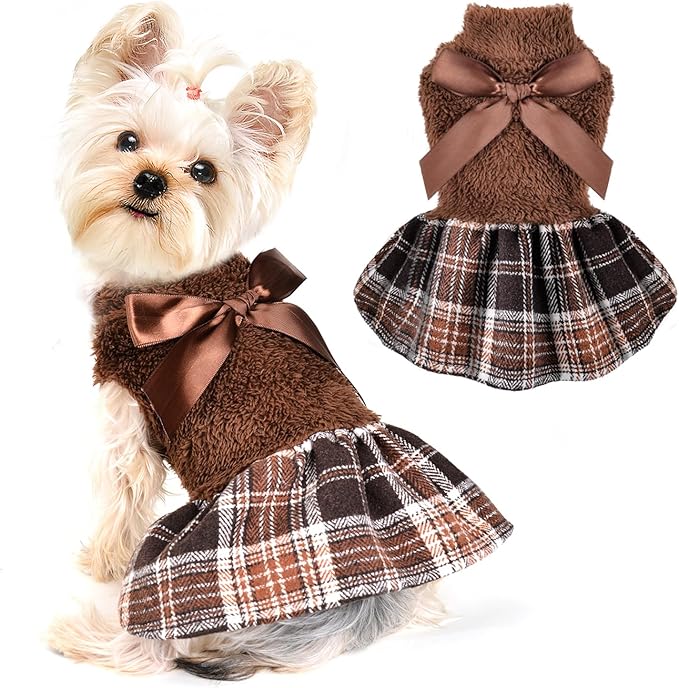 Yikeyo Dog Sweater Dress,Dog Sweaters Dress for Small Dogs New Year Outfit Sweater Female, Winter Warm Female Clothes Girl Pet Outfit Cat Apparel (Small, Brown)