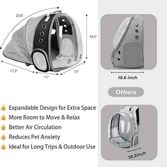 Cat Backpack Carrier Back Expandable Bubble Pet Carrier Backpack for Large Cat, Kitten and Dog, Designed for Hiking, Travelling and Outdoor Use (Back Expandable-Black)