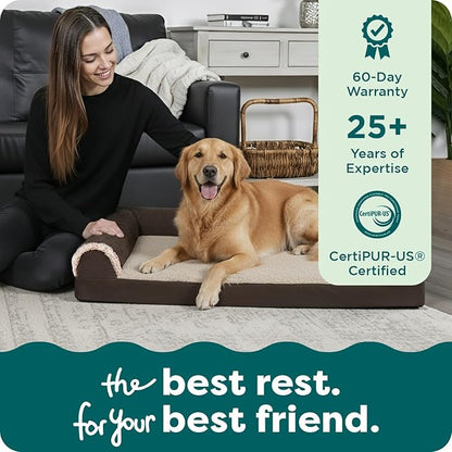 Furhaven Orthopedic Dog Bed for Medium/Small Dogs w/ Removable Bolsters & Washable Cover, For Dogs Up to 35 lbs - Two-Tone Plush Faux Fur & Suede L Shaped Chaise - Dark Sage, Medium