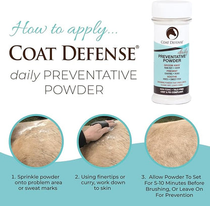 Coat Defense Daily Preventative Powder & Rain Rot Treatment for Horses | Safe & Effective Equine Sweet Itch, Skin Funk, Scratches | Dry Horse Shampoo, 8 oz. | All Natural Ingredients