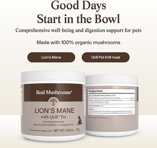 Real Mushrooms Lion’s Mane with Qrill Pet - Lion's Mane for Dogs and Cats with Krill Meal, Beta-Glucan Rich Mushroom Extracts for Immune, Digestion, and Brain Support for Puppies and Kittens, 75g
