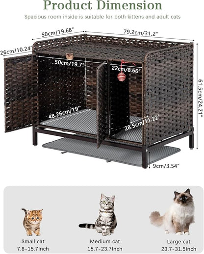 SETVSON Cat Litter Box Enclosure Furniture with Divider, Handwoven Rattan Litter Box with Mat, 31.2 x 19.6 x 24.2 Inches, Metal Heightened Feet, Hidden Cat House for Living Room, Bedroom (Brown)