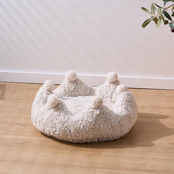 PetPals Round Cat Bed with Removeable and Washable Cushion, Super Soft Rose Patten Faux Fur Pet Bed for Puppy and Kitten with Anti-Slip Bottom (Rose Crown)