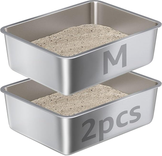 2Pcs Medium Stainless Steel Cat Litterbox,Stainless Steel Litter Box for Kitten and Rabbits, Easy Clean Non Stick No Smell
