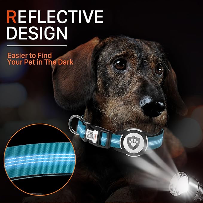 Reflective Dog Collar with AirTag Holder for Puppy Soft Nylon Blue Sized XS