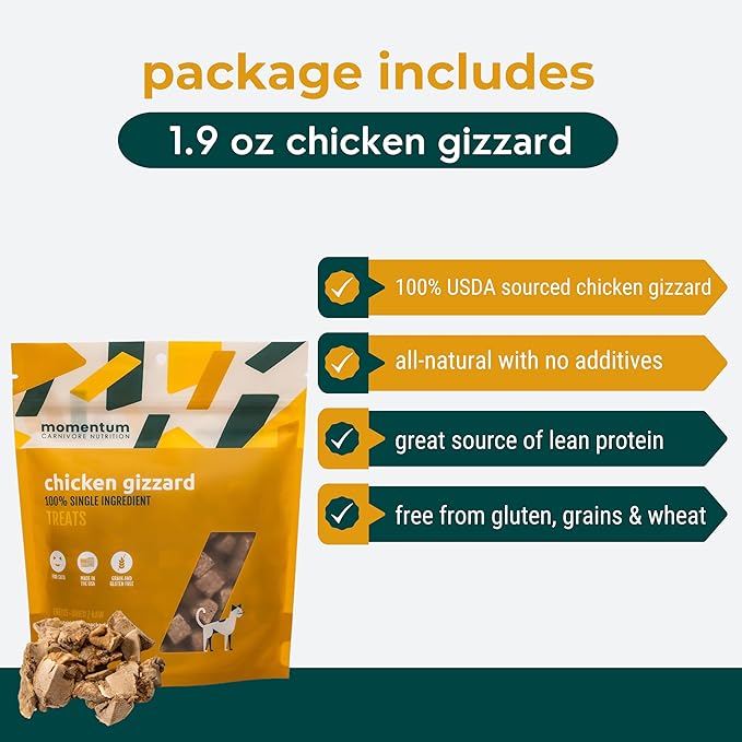 Momentum Carnivore Nutrition Freeze-Dried Chicken Gizzard Cat Treats – Single-Ingredient, High-Protein, All-Natural, Grain-Free, Naturally Flavorful – Made in USA – 1.9 oz Bag