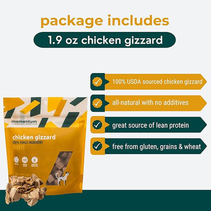 Momentum Carnivore Nutrition Freeze-Dried Chicken Gizzard Cat Treats – Single-Ingredient, High-Protein, All-Natural, Grain-Free, Naturally Flavorful – Made in USA – 1.9 oz Bag