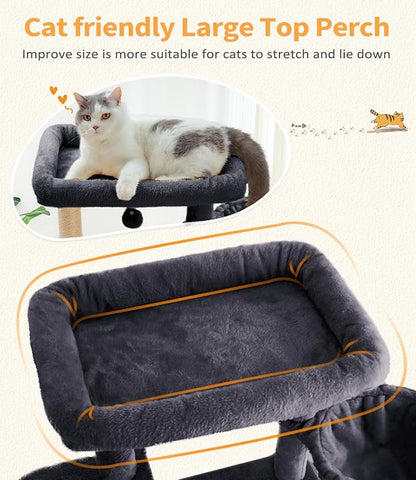 ABCPET Cat Tree Large Cat Tower Tree 68" Multi-Level Cat Tower for Indoor Cats with Sisal Scratching Posts, Widen Cat Perche, Square Hammock, 2 Widen Condos, Scratching Posts, Grey