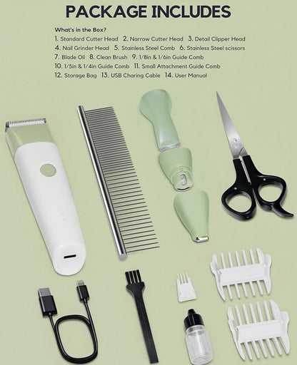 Dog Clippers Grooming Kit, 4 in 1 Quiet Cordless Dog Paw Trimmer & Nail Grinder, Small Cat Clippers Electric Rechargeable Low Noise Pet Shaver for Trimming Hair on Paw Eye Ear Face Rump, Green