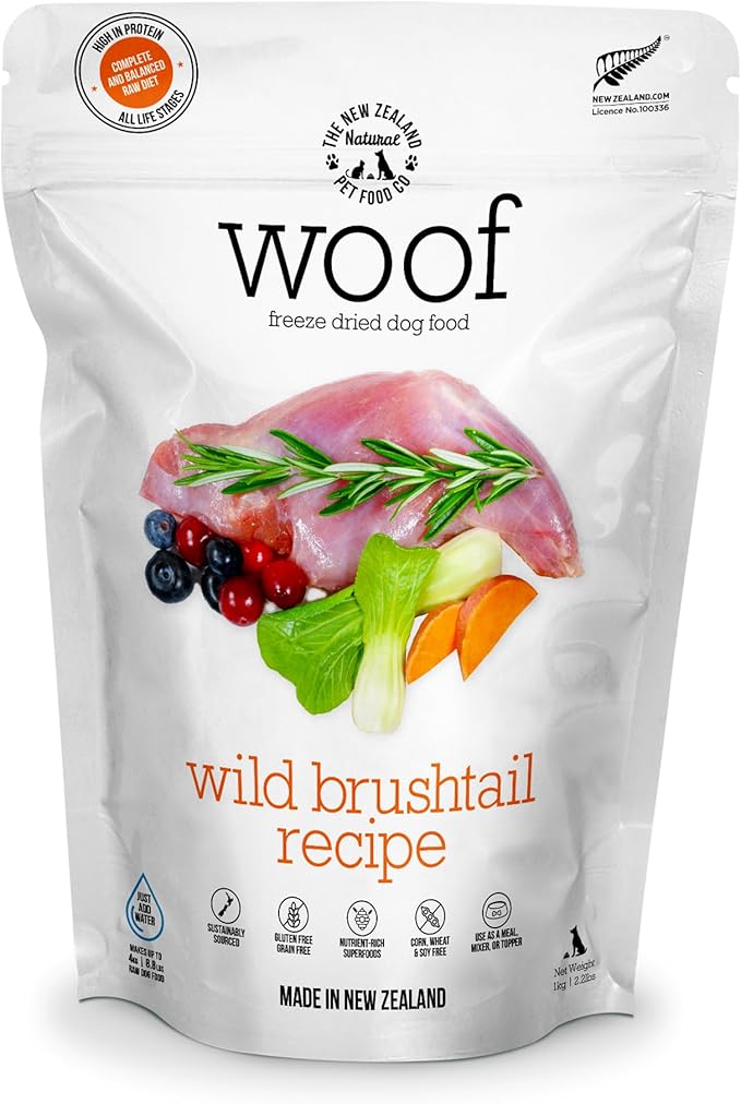The New Zealand Natural Pet Food Co. WOOF Freeze Dried Dog Food - Wild Brushtail Recipe, High Protein Dog Treats, Dog Food Toppers & Meals, 2.2 lb