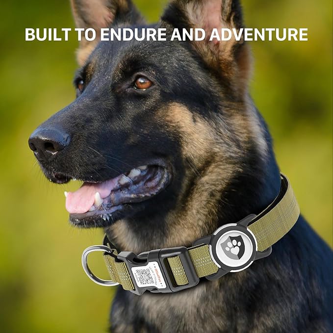 Reflective Dog Collar with AirTag Holder for Large Dogs Soft Nylon Champagne Sized L