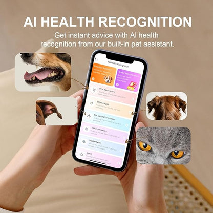 A person holds a smartphone showing a pet health assistant interface, with inset images of a dog's mouth, ear, face, and cat eyes above it. Large text reads 'AI HEALTH RECOGNITION' and says to get instant advice with AI health recognition from a built-in pet assistant.