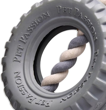 Pet Passion Natural Rubber Tire and Organic Cotton Rope Pull and Chew Dog Toy for All Pet Breeds, Gray, Large