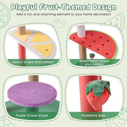PETSITE 45-inch Cute Cat Tree, Multi-Level Cat Tower with Scratching Posts, Plush Padded Top Perch, Fruit-Shaped Platforms, and Strawberry Dangling Balls, Fruit Cat Tree Tower for Indoor Cats
