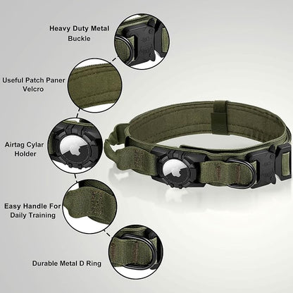 Tactical AirTag Dog Collar Leash Set - Heavy Duty, Adjustable GPS Collar | Compatible with Apple AirTag, with Holder & Control Handle for Medium/Large Dogs [ Green, L ]