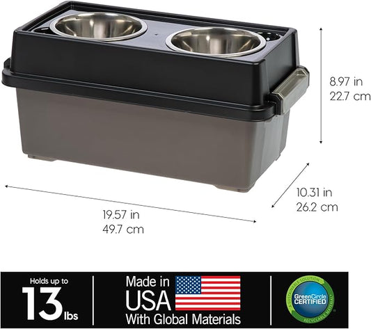 IRIS USA Dog Bowls Elevated with Storage, 9" H Raised Feeding Station with Airtight Food Container Holds Up to 13 lbs, Dog Bowl Stand for Small Dogs, Indoor Pet Feeder, Smoke/Black