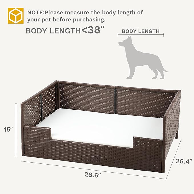 DWVO Rattan Dog House Outdoor Indoor with Cushion, Wicker Dog Sofa Bed for Small, Medium, and Large Dogs, 38.6''L*26.4''W*15''H, Beige