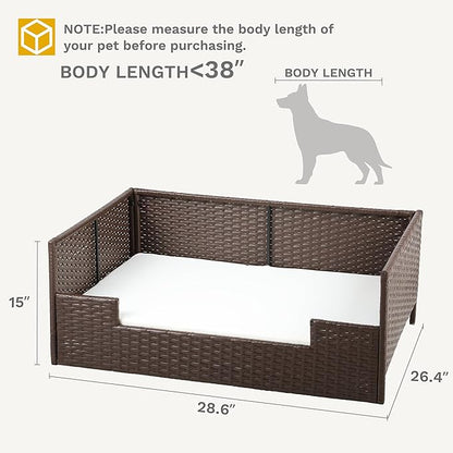 DWVO Rattan Dog House Outdoor Indoor with Cushion, Wicker Dog Sofa Bed for Small, Medium, and Large Dogs, 38.6''L*26.4''W*15''H, Beige
