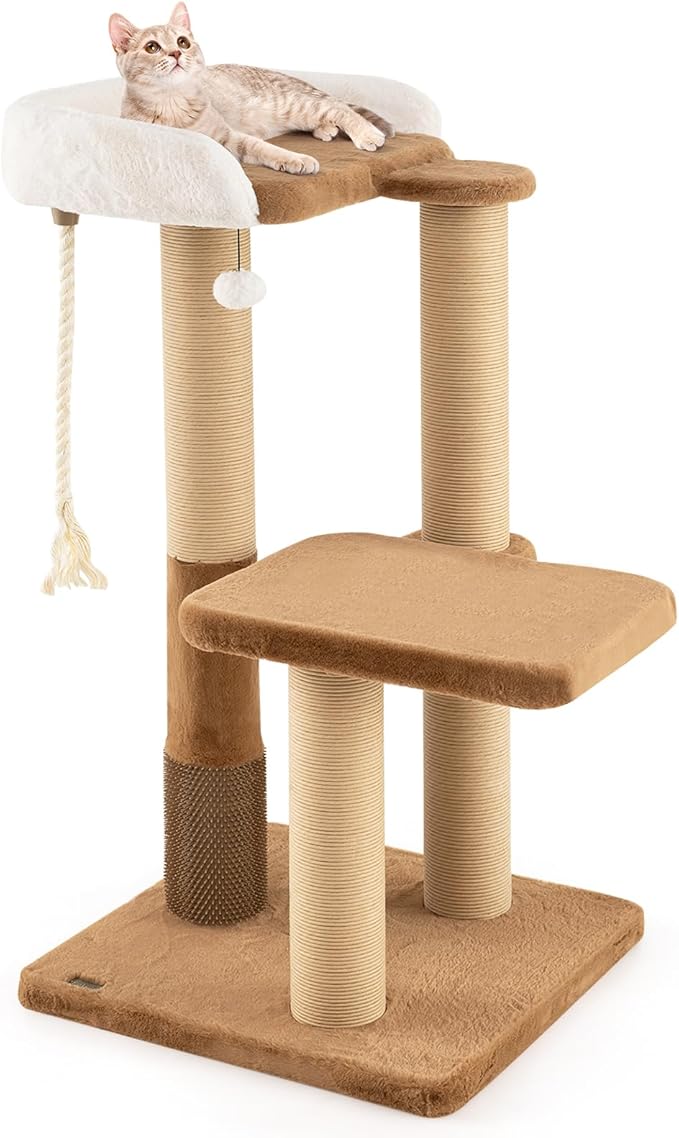 PETSITE 44-inch Modern Cat Tree for Indoor Cats, Multi-Level Cat Tower with Paper Rope Scratching Posts, Self Groomer, Sisal Rope, Soft Faux Rabbit Fur Covered Platforms, and Dangling Ball