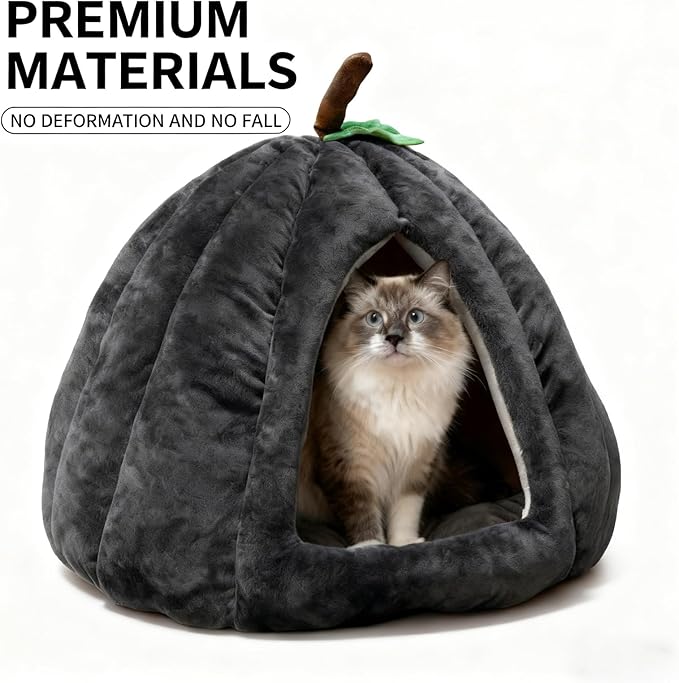 Cat Bed for Indoor Cats - Adorable Cozy Pumpkin Cat Cave with Removable Cushion, Super Soft Pet House Tent for Kittens & Small Pets, Warm & Washable Non-Slip Design(S 15 inch Grey)