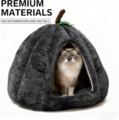 Cat Bed for Indoor Cats - Adorable Cozy Pumpkin Cat Cave with Removable Cushion, Super Soft Pet House Tent for Kittens & Small Pets, Warm & Washable Non-Slip Design(S 15 inch Grey)