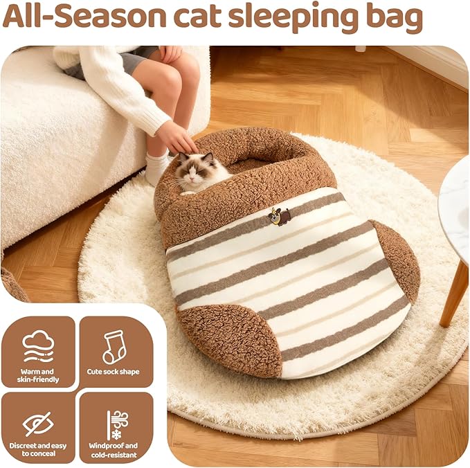 Jiupety Cat Sleeping Bag Cat Beds for Indoor Cats Self-Warming Dog Sleeping Bag Cozy Plush Portable Snuggle Sack Cat Bed Cave Machine Washable for Cats & Small Dogs,Brown Large