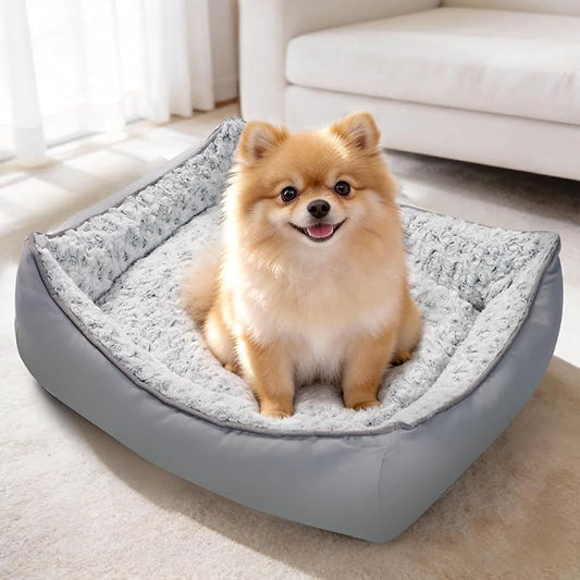 Mora Pets Reversible Dog Bed for Small Medium Dogs Large Cat Bed Washable - Cool & Warm 2-in-1 Anti Anxiety Calming Pet Bed for Summer, Rectangle Puppy Bed with Fluffy Grey Rose (25''x21''x7'')