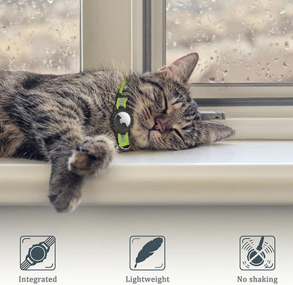 Reflective AirTag Cat Collar, Integrated Cat Tracker Collar with Air Tag Holder and Bell, Safety Elastic Band Cat GPS Collars for Girl Boy Cats, Kittens and Puppies (Olive,XS)