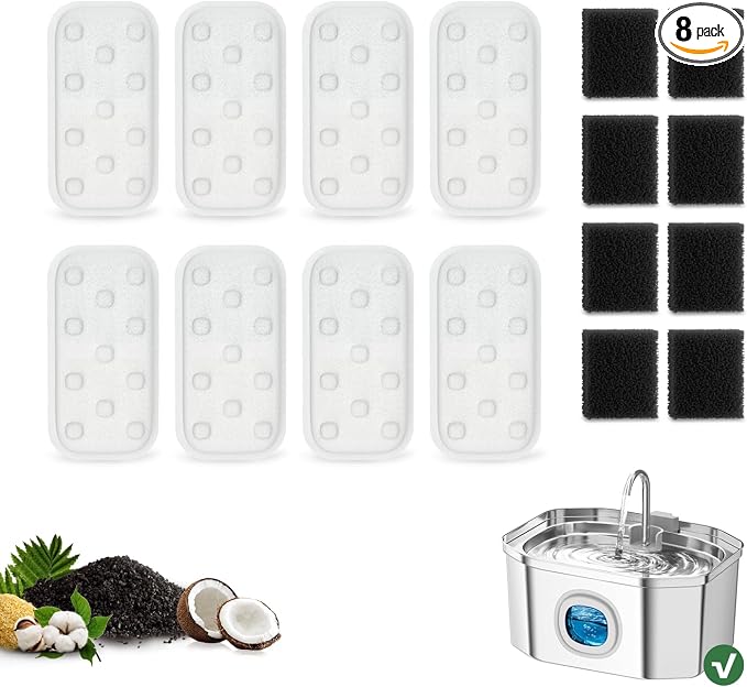 Cat Water Fountain 16 Pack Replacement Filters/Sponges (8+8) -Compatible with Apauk-APFSS-3201 Stainless Steel Cat Water Fountain