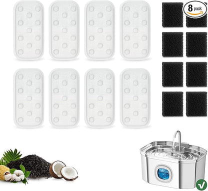 Cat Water Fountain 16 Pack Replacement Filters/Sponges (8+8) -Compatible with Apauk-APFSS-3201 Stainless Steel Cat Water Fountain