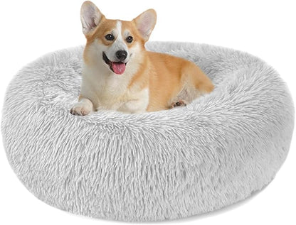 Calming Dog Cat Donut Bed - 23.6" Washable Fluffy Dog Beds, Round Cute Cat Beds for Indoor Cats, Anti Anxiety Plush Cuddler Dog Pillow, Pet Cushion for Small Medium Dogs, Waterproof Non-Slip Bottom