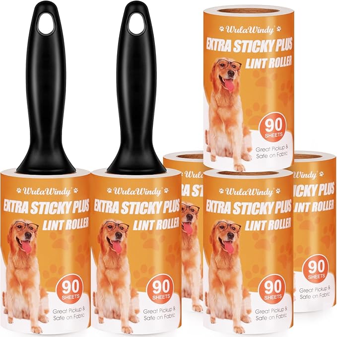 WulaWindy Extra Sticky Lint Rollers for Pet Hair, 6 Rolls, 2 Handles | Extra-sticky lint rollers with 6 rolls and 2 reusable handles for pet hair, lint and dust on clothes, sofas and furniture.