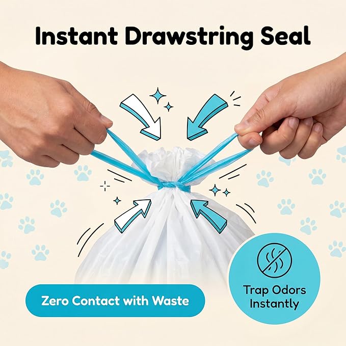 Cat Litter Box Liners 45 Count, 1 Mil Thick Drawstring Bags for Automatic Litter Boxes, No Leak, No Tear, Easy Clean & Odor Control (24.8" x 14.5")