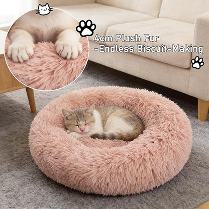 Calming Donut Dog Beds for Small Dogs Kitten - Washable Removable Cover Non-Slip Bottom, Round Pet Bed Puppy Bed Warming Fluffy Faux Fur Anti-Anxiety, Fits up to 15 lbs (Blush, 20")