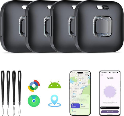 Hoxe Air Tracker Tags-4 Pack for iOS & Android, Smart Tag for Key, Bag, Pet | Dual System Luggage Tracker Compatible with Apple Find My & Google Find Hub App, Bluetooth Key Finder Replaceable Battery