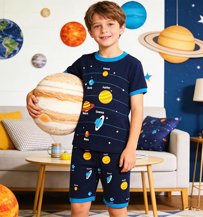 Popshion Boys Pajamas 100% Cotton Toddler Clothes Summer Pjs for Boy Planet Dinosaur Sleepwear Kids Short Sets 2-10 Years