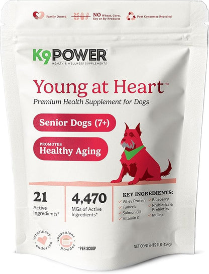 K9Power Young at Heart – Senior Dog Supplement for Longevity & Vitality – Supports Joints, Brain, Heart, Digestion, Skin & Energy – Amino Acids, Vitamins, Minerals, CoQ10, Omega 3s, Turmeric