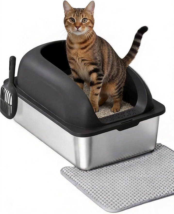 Simple Deluxe XL Stainless Steel Cat Litter Box with Lid, High Sided Metal Litter Pan for Large Cats, Urine-Proof Non-Stick & Easy to Clean, Black
