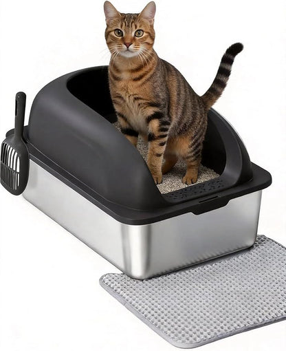 Simple Deluxe XL Stainless Steel Cat Litter Box with Lid, High Sided Metal Litter Pan for Large Cats, Urine-Proof Non-Stick & Easy to Clean, Black
