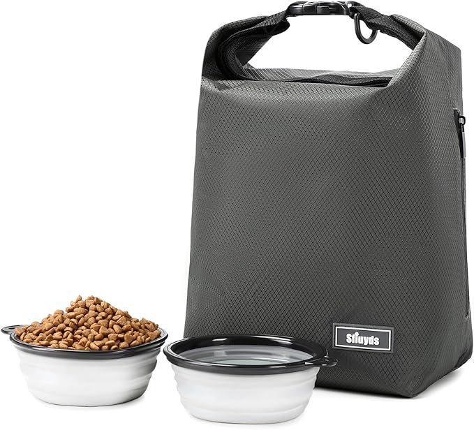Travel Dog Food Container Pet Food Storage Bag Containers 2PCS Collapsible Travel Dog Bowls Waterproof Camping Storage Essentials Kibble Carrier 20L Easy to Clean (Grey, Small)