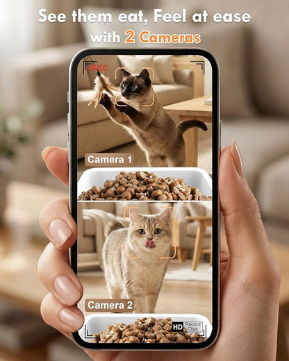 Yakry Automatic Cat Feeder for 2 Cats - Two HD Cameras Easy Setup 5GHz Stable WiFi Dog Food Dispenser with HD Night Vision - 8L Pet Feeder with Dual Bowls for Multi-Cat & Small Dogs Indoor