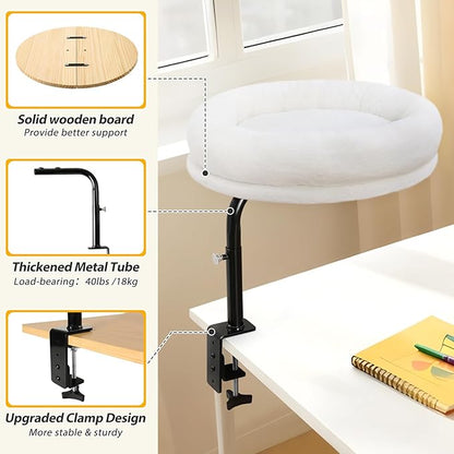 Sunhoo Cat Desk Bed 360° Rotating Height Adjustable Desktop Mount Hammock Kitten Perch Easy Setup Kitty Nest Table Clamp-on Attachment for Indoor Cats Washable 17" Diameter Hold Up to 40lbs（White）