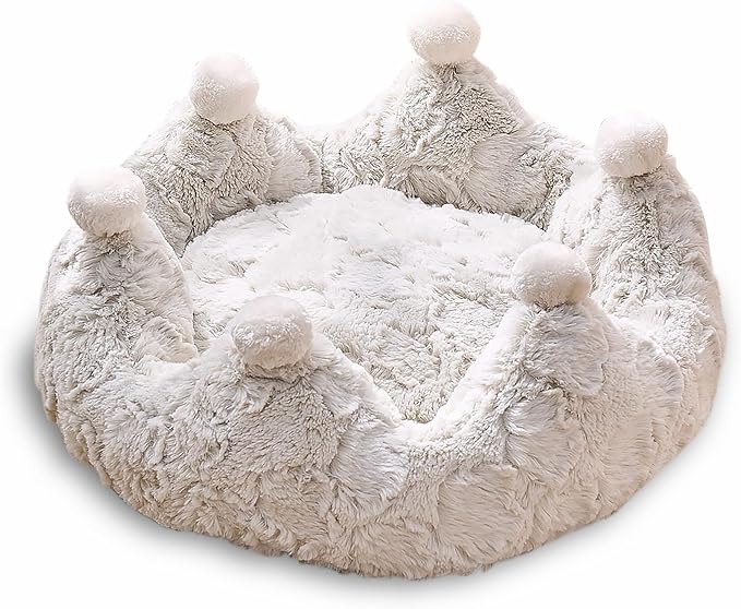 PetPals Round Cat Bed with Removeable and Washable Cushion, Super Soft Rose Patten Faux Fur Pet Bed for Puppy and Kitten with Anti-Slip Bottom (Rose Crown)