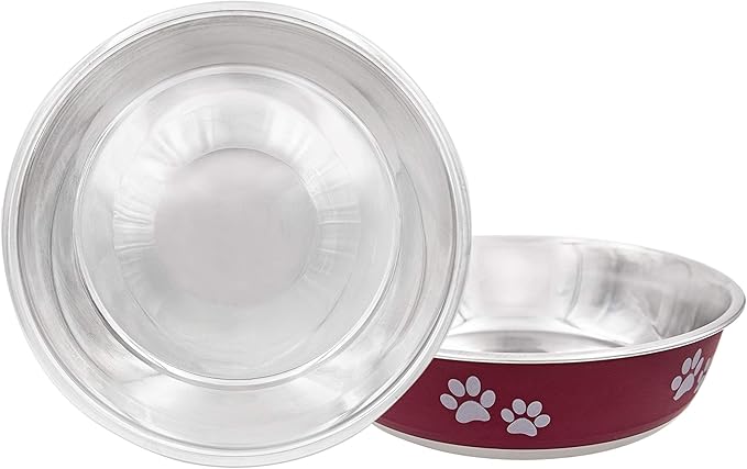 Fuzzy Puppy Food Bowl & Water Bowl for Dogs & Cats | Designer Series: Paw Print Detail, Stainless Steel & Maroon, 28 oz (FPP-Maroon M)